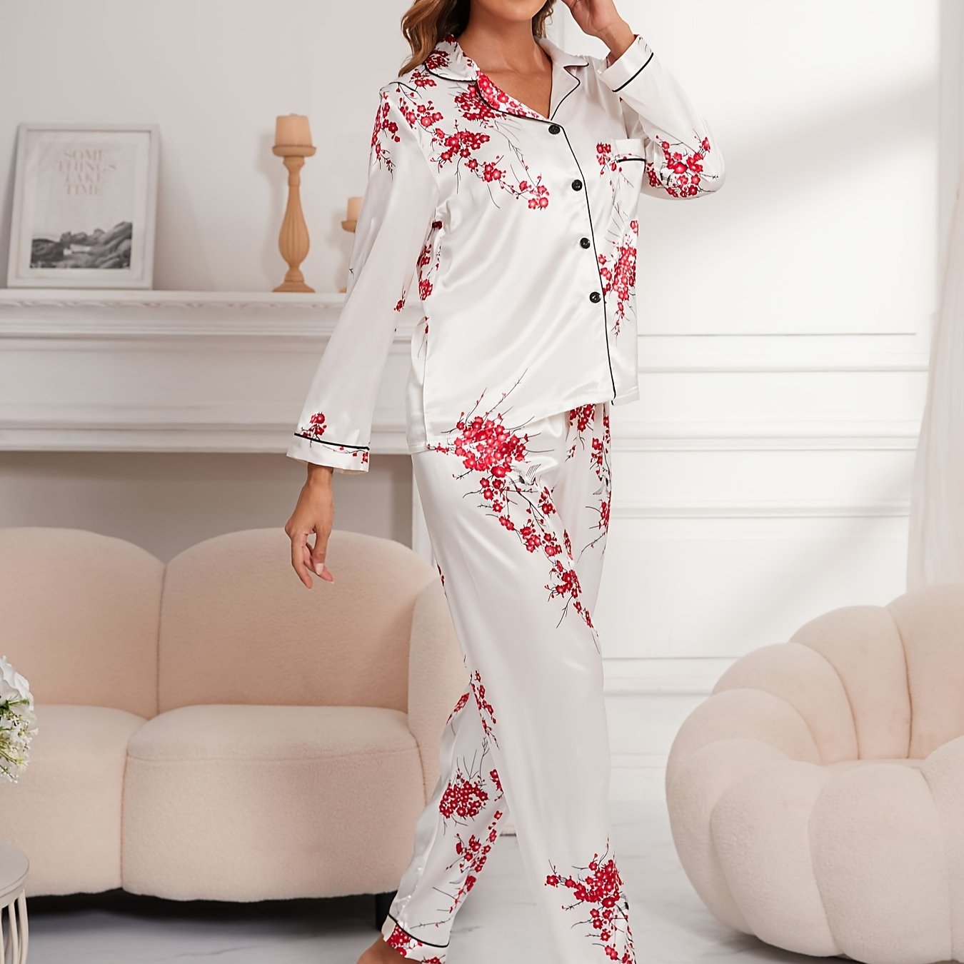 Floral Print Pajama Set Long Sleeve Buttons Top & Elastic Waistband Pants