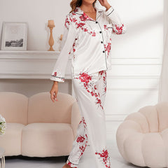 Floral Print Pajama Set Long Sleeve Buttons Top & Elastic Waistband Pants