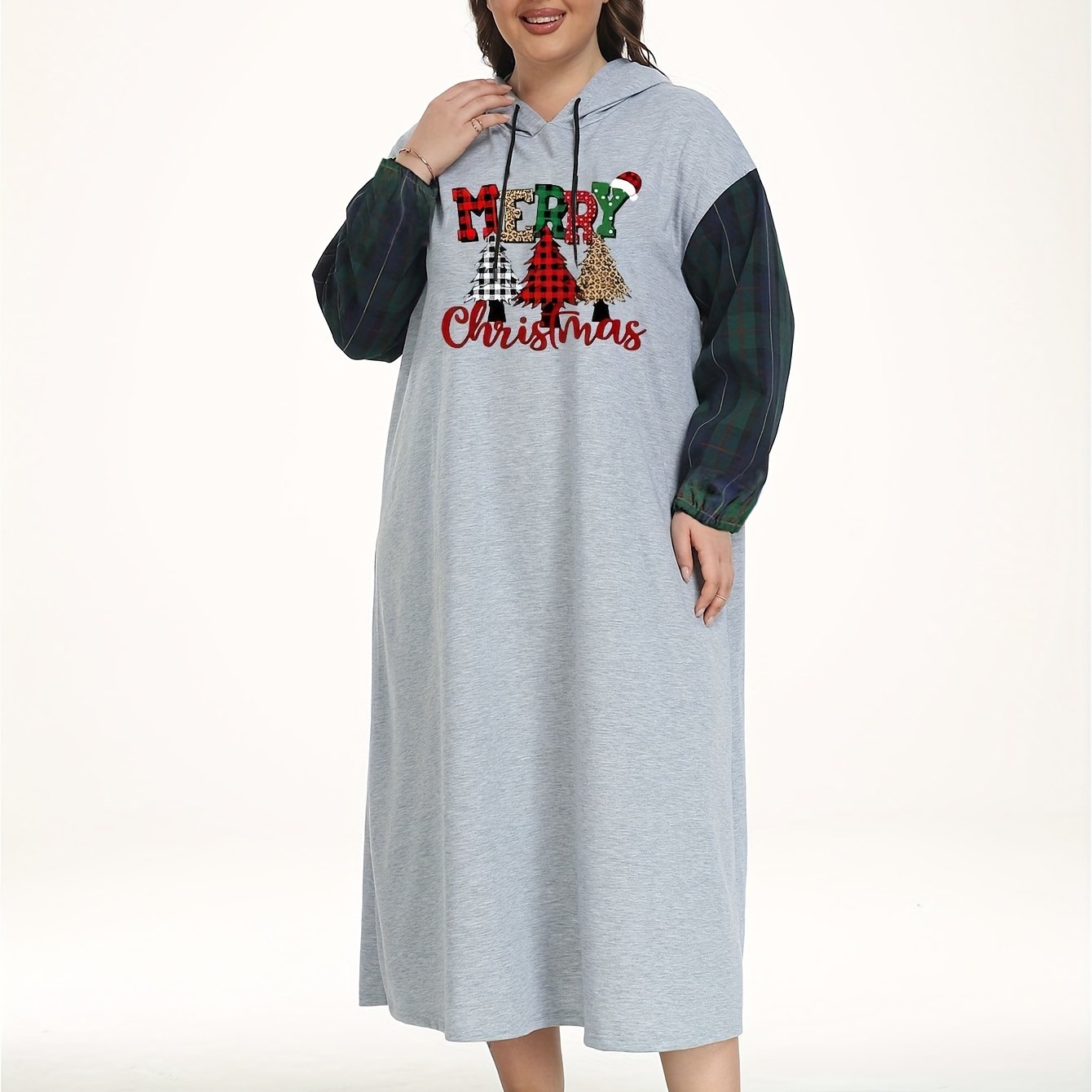 Women's Plus Plaid Christmas Tree Hooded Nightdress