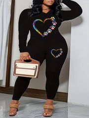 Women's Plus Paw & Heart Print Long Sleeve V Neck Top & Leggings Outfits Set