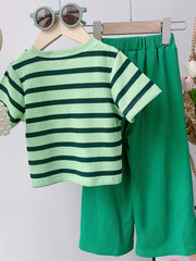 Toddler Girl's Cable Knit 2pcs Stripe Pattern T shirt & Ribbed Pants Set