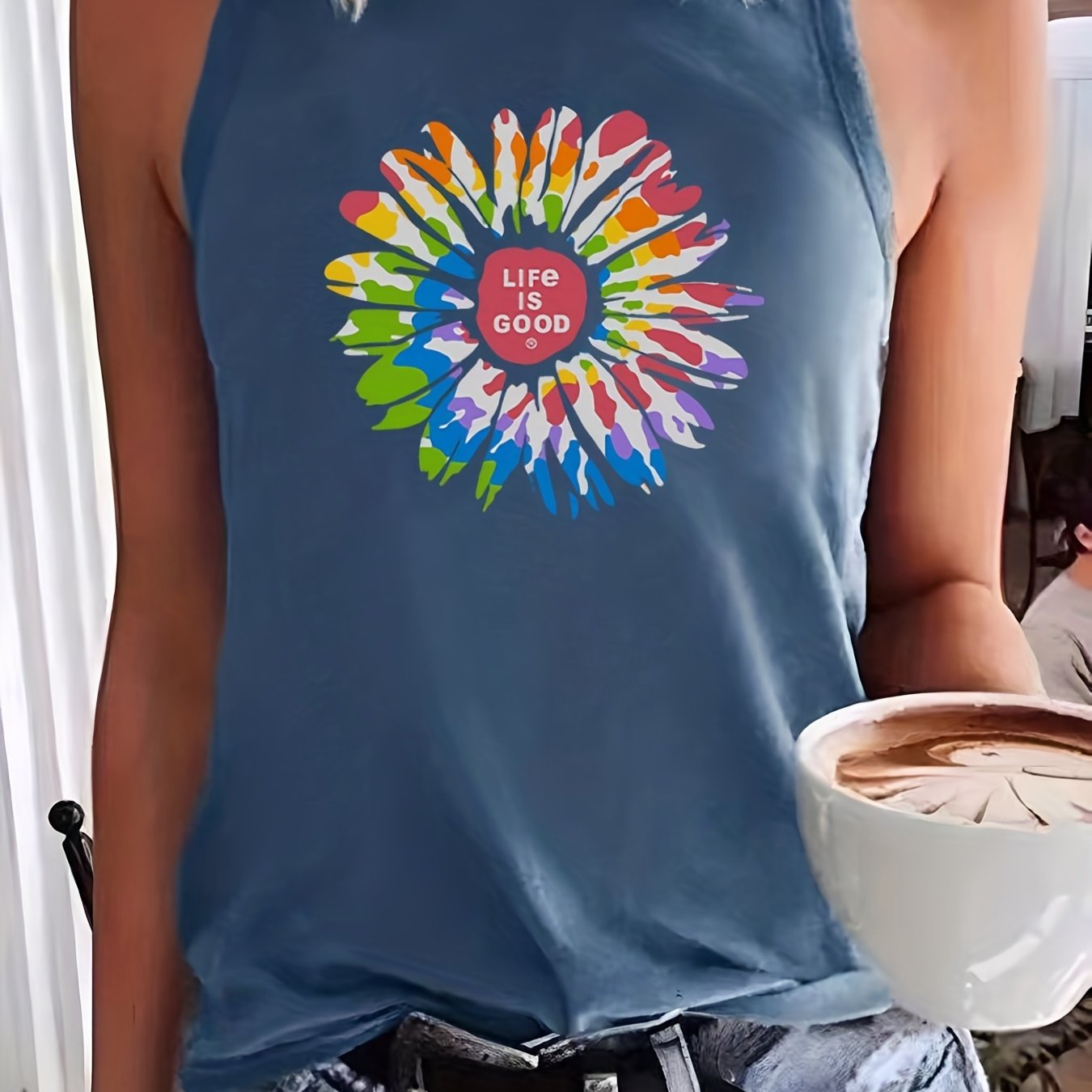 Sunflower & Letter Print Tank Top Women's Clothing