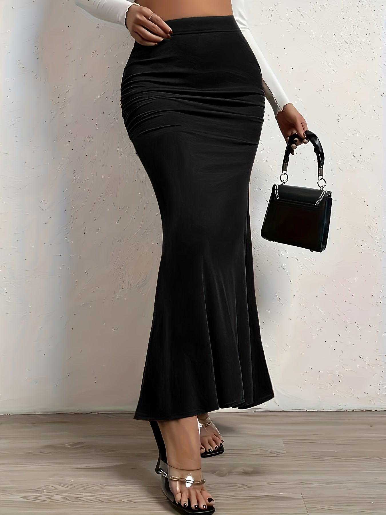 Sexy Skirt Women's Plus Solid Side Ruched Elastic High Rise Maxi Merma