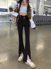 High Waist Front Split Flare Leg Jeans Solid Stretchy Bell Bottoms