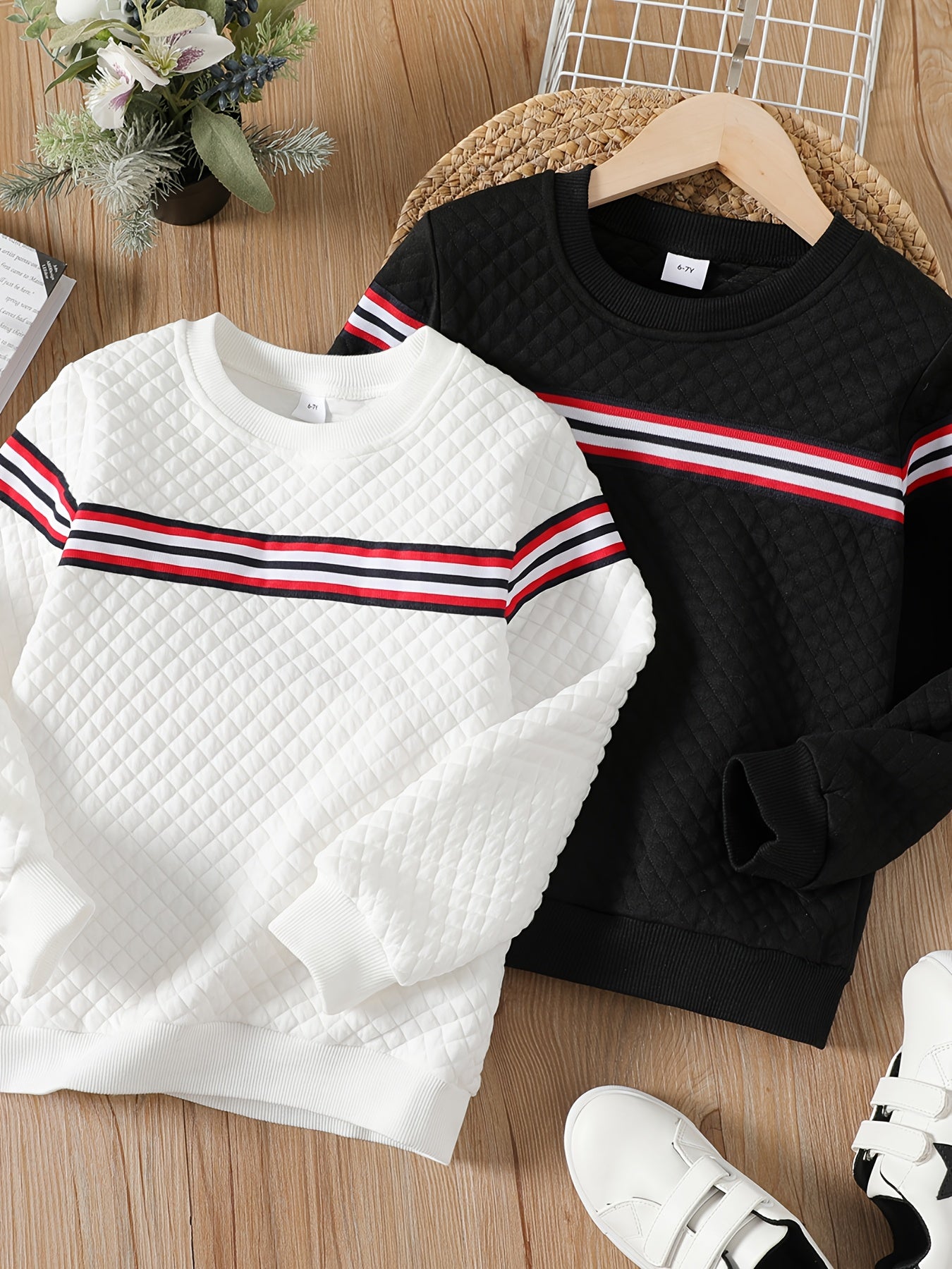 Boys Striped Textured Pullover Sweatshirt Crew Neck Tops