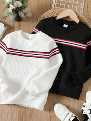 Boys Striped Textured Pullover Sweatshirt Crew Neck Tops