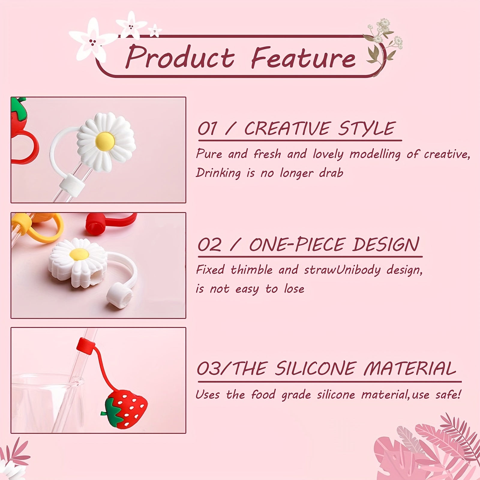 6pcs Silicone Straw Tips Covers- Flower & Fruit Shapes for Drinking