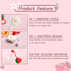 6pcs Silicone Straw Tips Covers- Flower & Fruit Shapes for Drinking