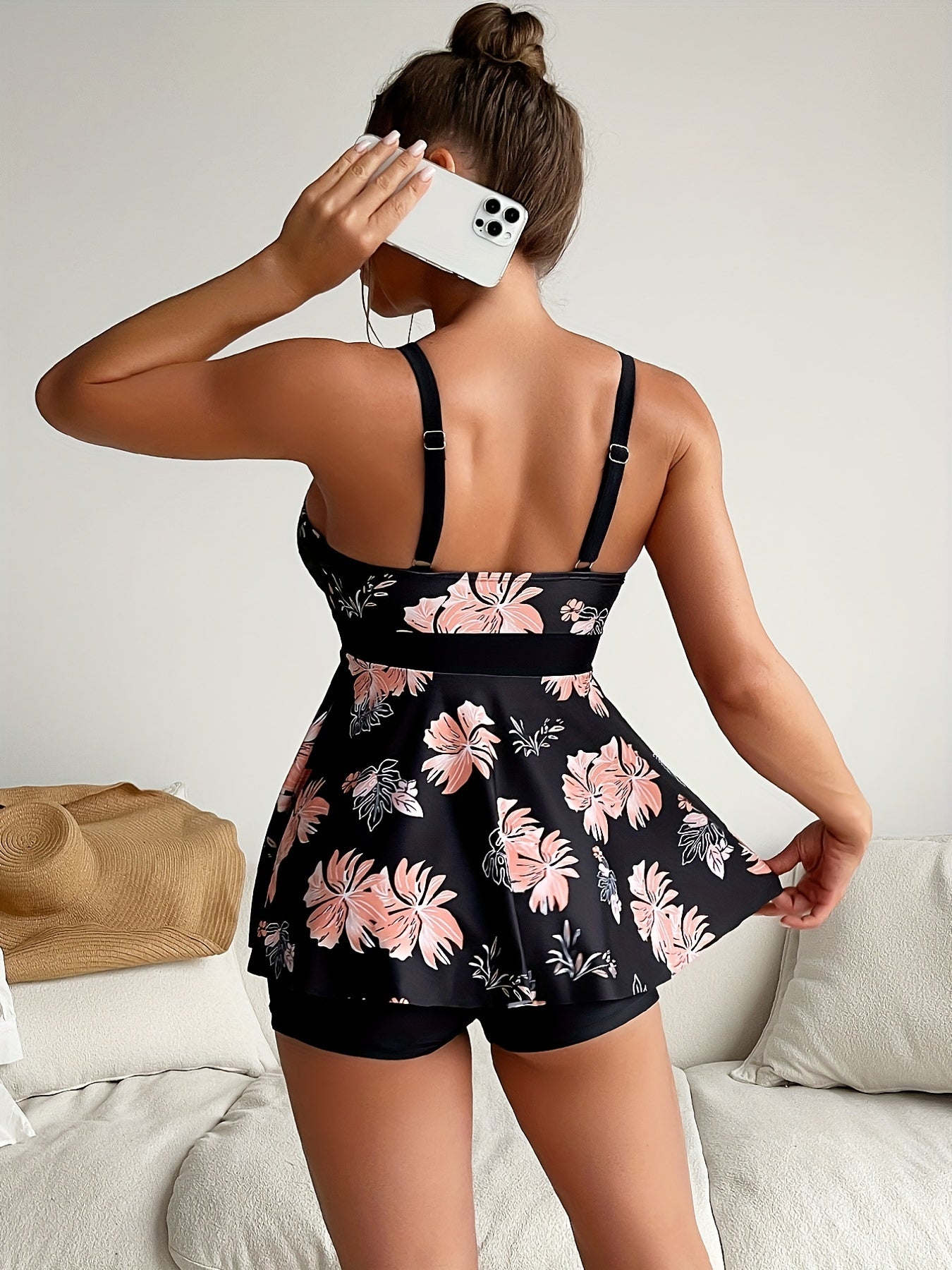 Floral Print Scoop Neck Tankini Set Pink 2 Piece Swimsuit