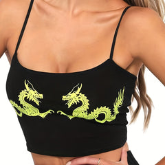 Casual Cami Top Women's Plus Dragon Print Medium Stretch Crop Cami Top