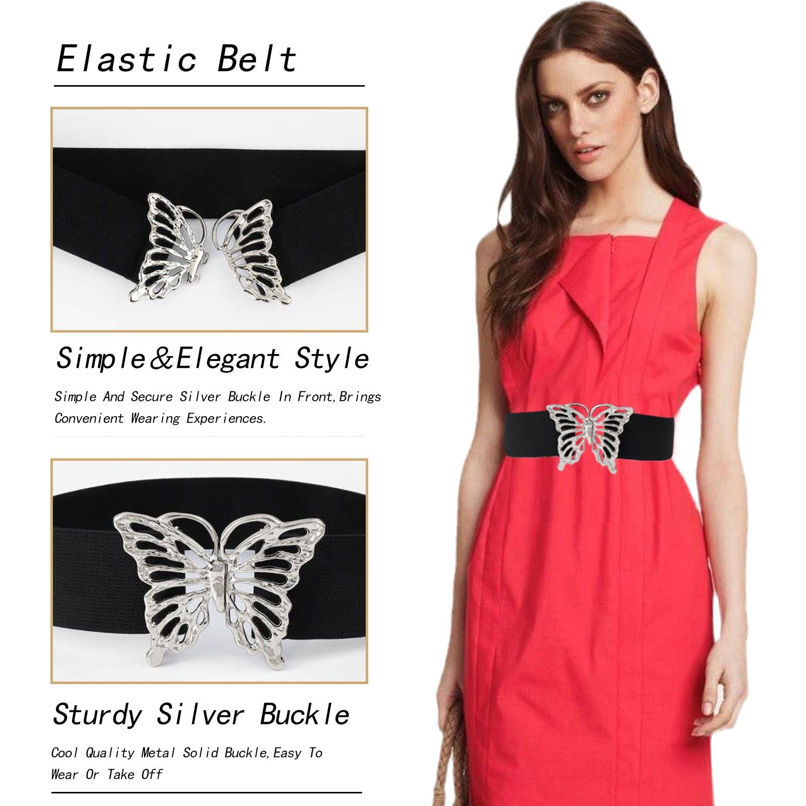 Vintage Butterfly Buckle Elastic Belt Metal Clasp Cinch Buckle Dress Belt