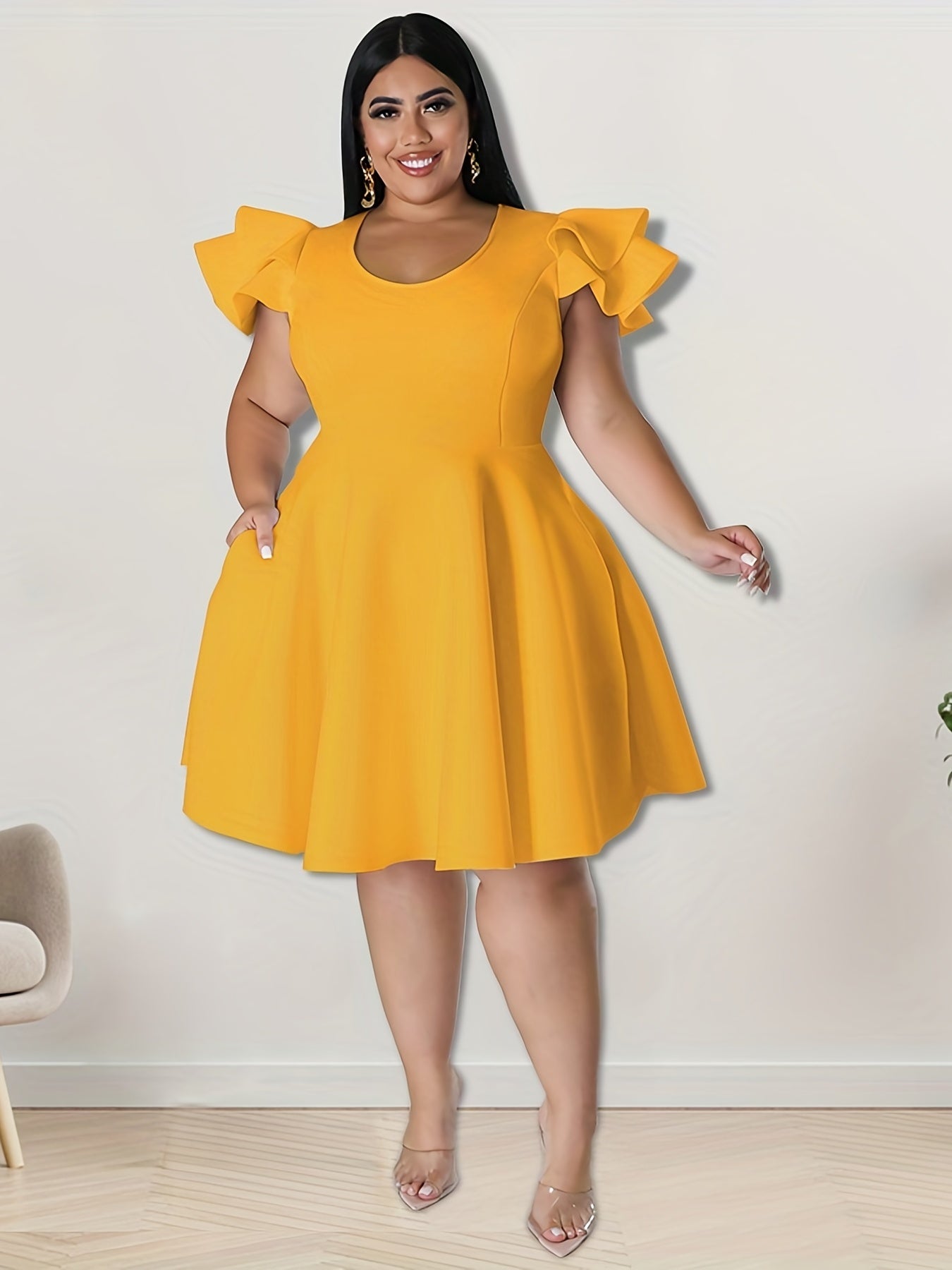 Solid Ruffle Sleeve A-Line Cocktail Party Dress With Pocket