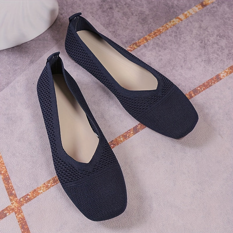 Women's Breathable Knit Slip On Flat Shoes Lightweight Square Toe Shoes