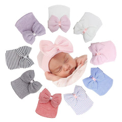 Newborn Infant Bow Decor Striped Knitted Head Wrap Hospital Hat