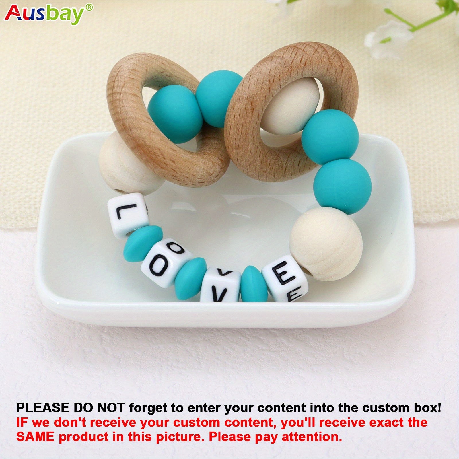 Personalized Wooden Teether Rattle with Silicone Beads