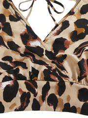 Leopard Print Two piece Set Ruffle Trim Tie Back Tops & Elastic Waist Sho