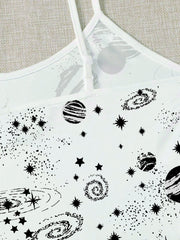 Y2K Backless Cami Top Planet Print Crop Spaghetti Top