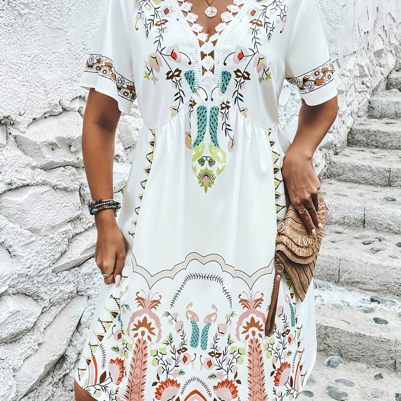 Plus Tribal Print Lace Panel V Neck Vacay Dress