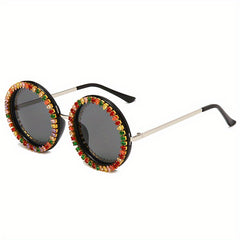 Zircon Decor Sunglasses Round Frame Gradient Lens UV400