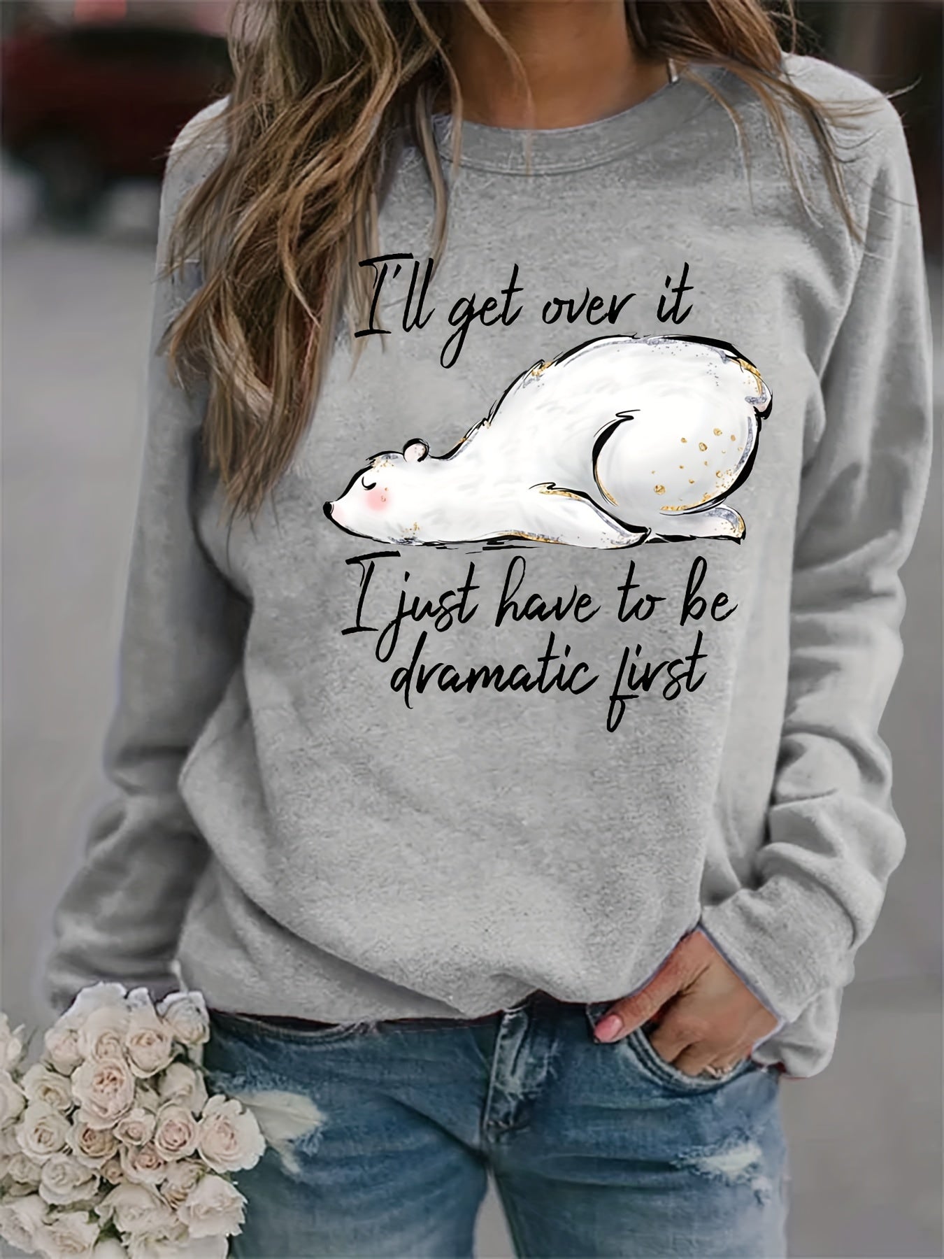Letter & Polar Bear Print Loose Sweatshirt Women's Clothing