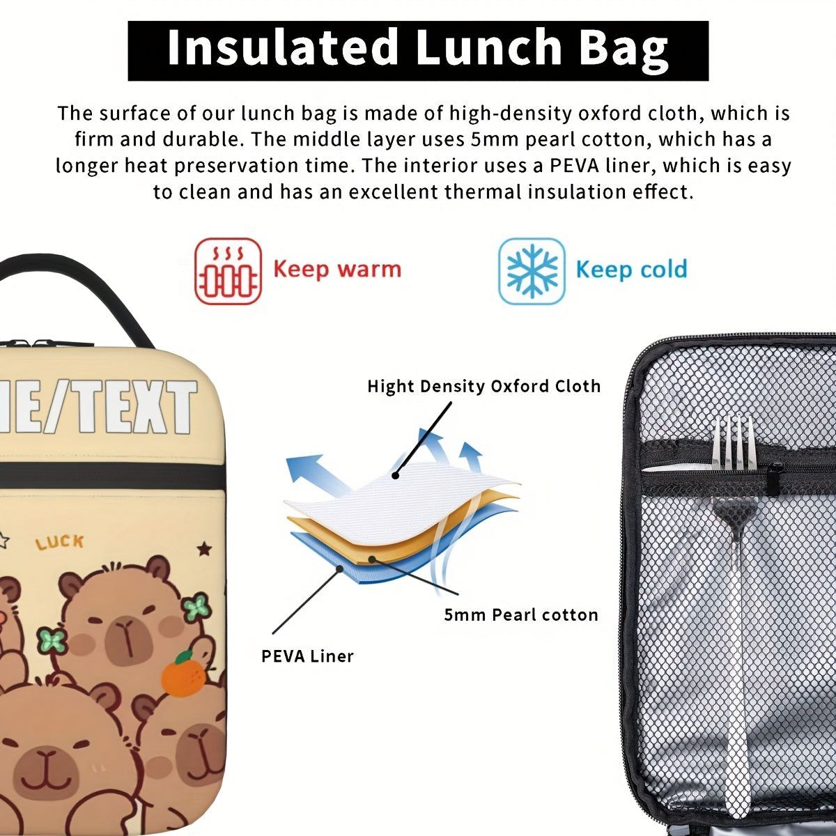 Customizable Capybara Lunch Bag Leakproof Insulated Cooler Large Capacity