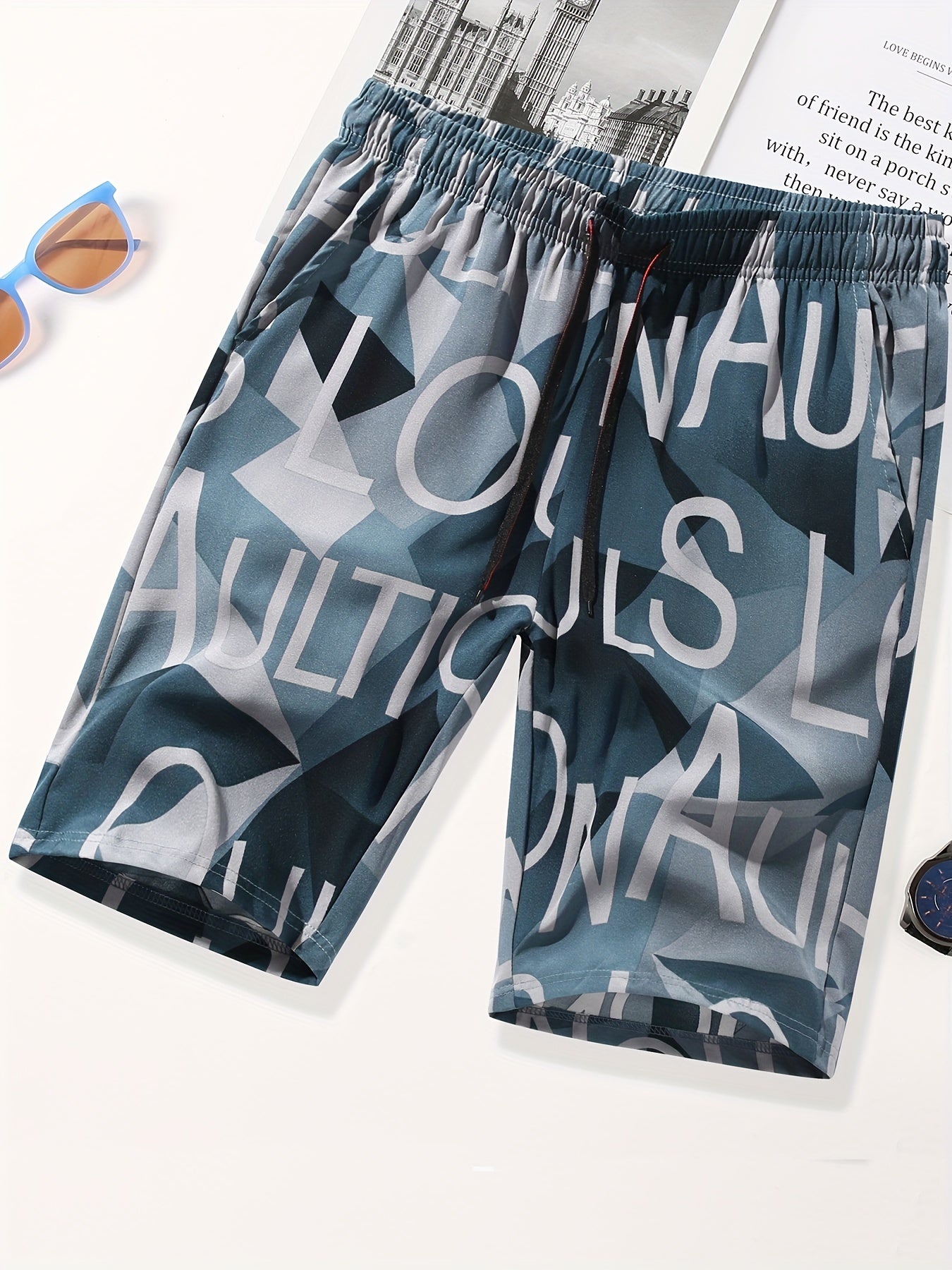 Men's All Over Letter Print Drawstring Shorts