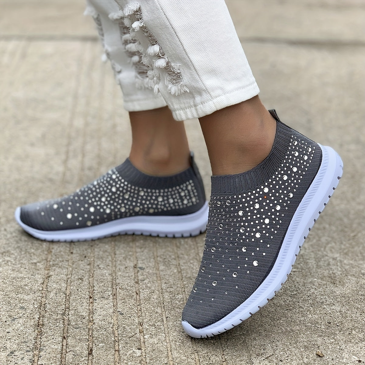 Women's Rhinestone Knit Sports Shoes Low Top Slip On Casual Sock Shoes