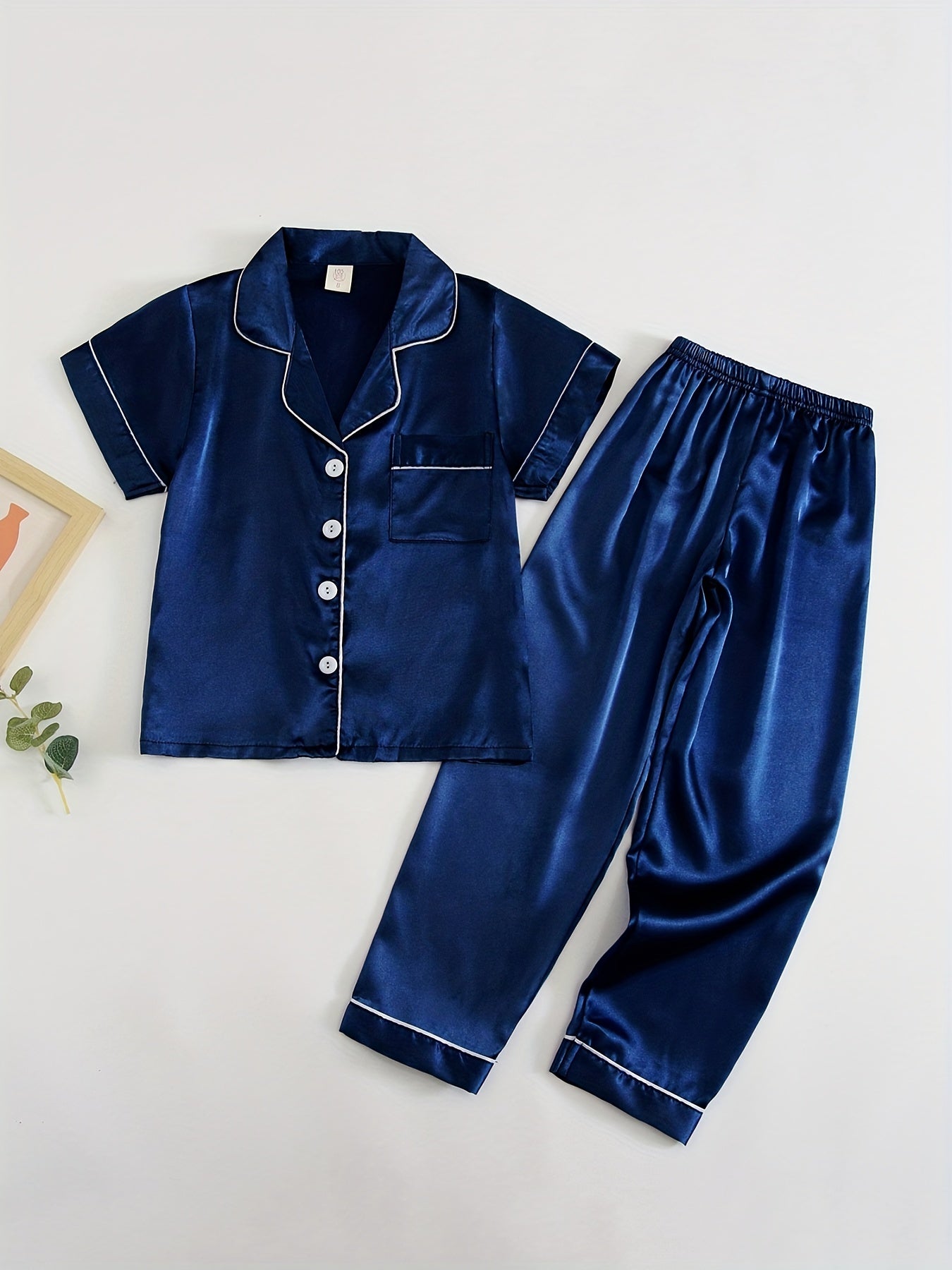 Kid's 2pcs Short Sleeve Pajama Set Solid Button Front Loungewear