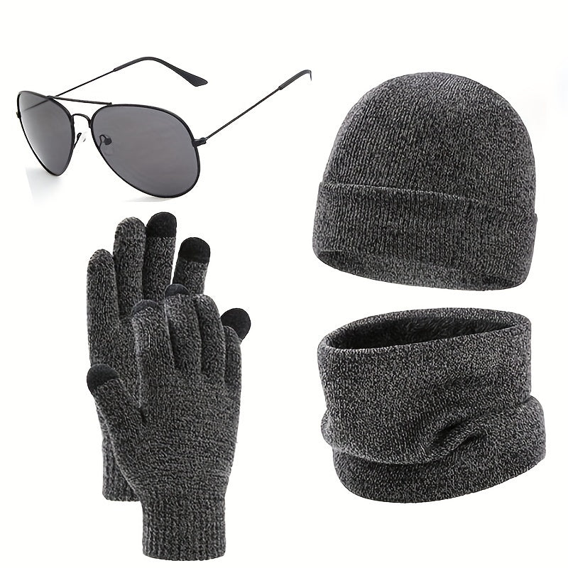 Winter Warm Hat Scarf Gloves Set Sunglasses Men Women Outdoor Riding Beanies