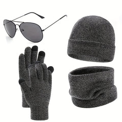 Winter Warm Hat Scarf Gloves Set Sunglasses Men Women Outdoor Riding Beanies