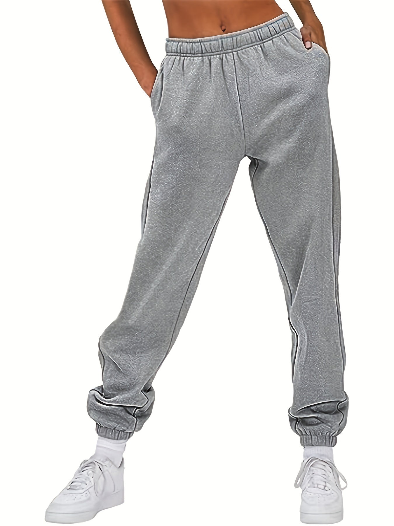 Solid Elastic Waist Jogger Pants Women's Clothing