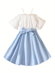 Girls' Cold Shoulder Swing Belted Dress Kids Summer Dresses