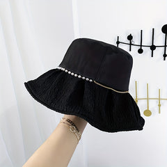 Bucket Hat Faux Pearl Chain Decor Casual Sunscreen Travel Beach Hats