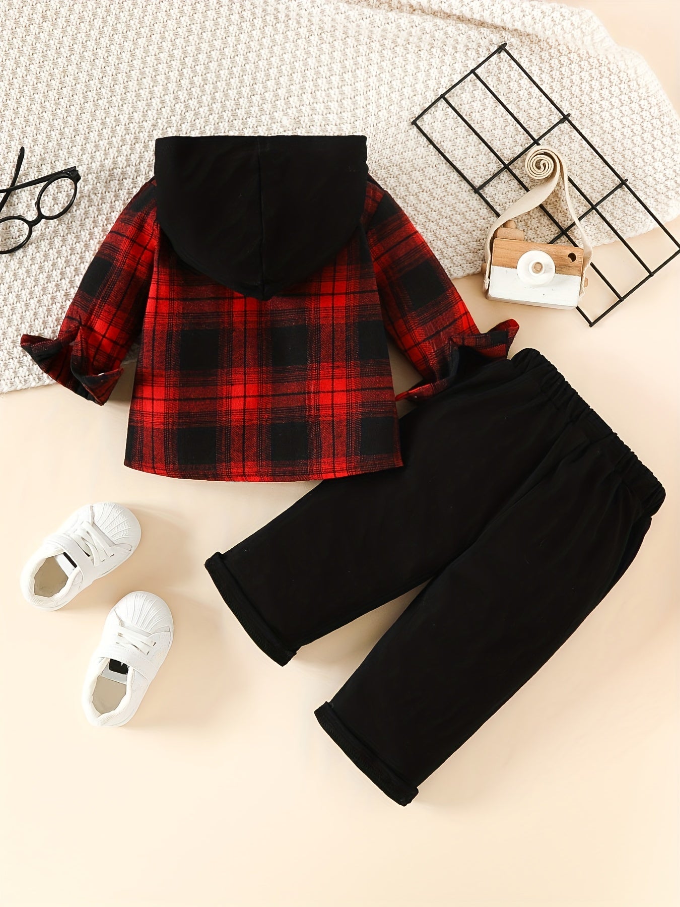 Boy's Plaid Block Hooded Shirt & Pants Set Spring Fall Outfit