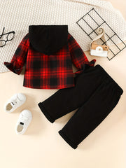 Boy's Plaid Block Hooded Shirt & Pants Set Spring Fall Outfit