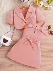 2pcs Girls Puff Sleeve Blazer & Belted Cami Dress