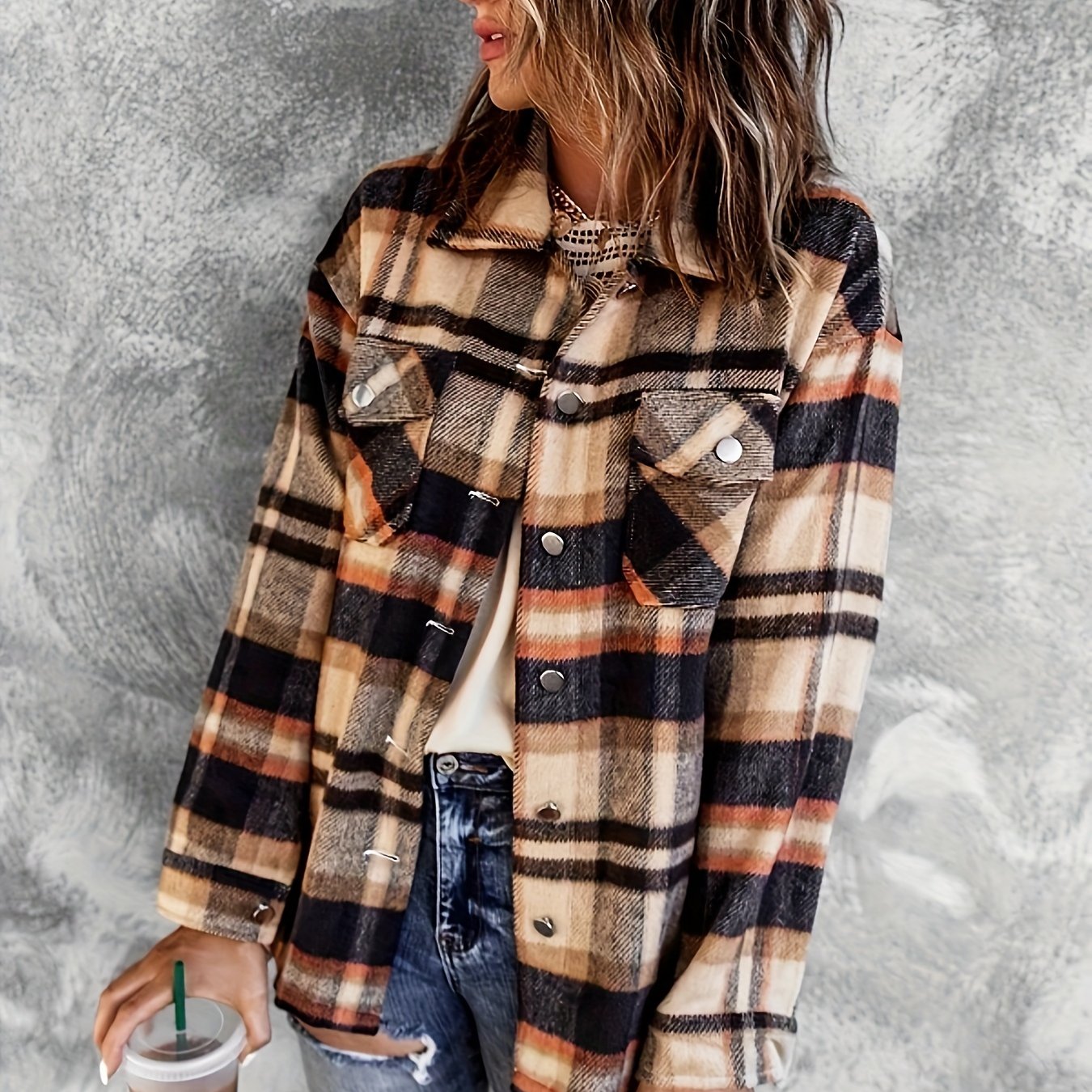 Women's Plus Plaid Print Long Sleeve Button Up Lapel Collar Shirt