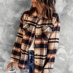 Women's Plus Plaid Print Long Sleeve Button Up Lapel Collar Shirt