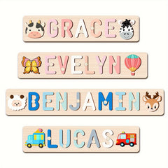 Personalized Wooden Name Puzzle with Animal & Car Designs