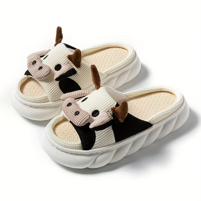 Women's Cow Decor House Slippers Open Toe Slip On Shoes