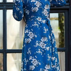 Floral Print Plus Size Abaya Dress Long Sleeve Maxi Jalabiya With Belt