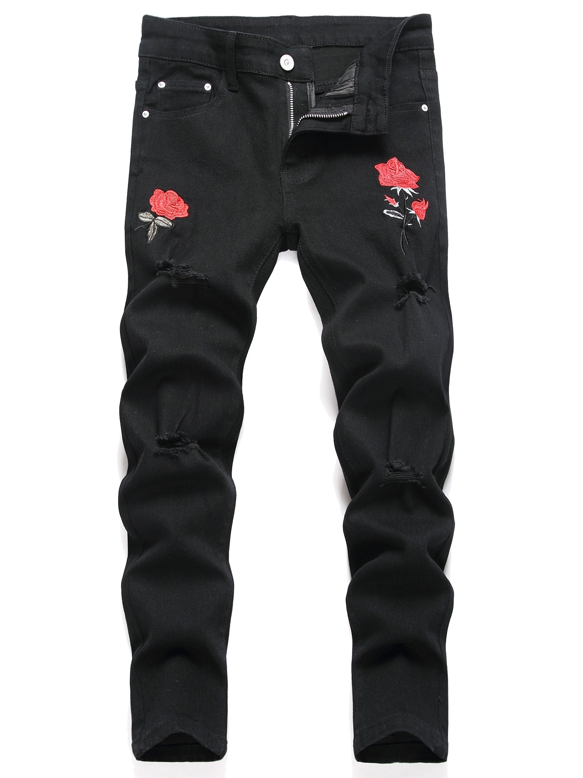 Boys Rose Print Ripped Jeans Skinny Denim Pants