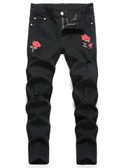 Boys Rose Print Ripped Jeans Skinny Denim Pants