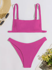 Rib Knit Bikini Set Back Buckle Backless High Cut Two Piece Swimsuit