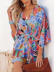 Floral Print Romper Jumpsuit Batwing Sleeve
