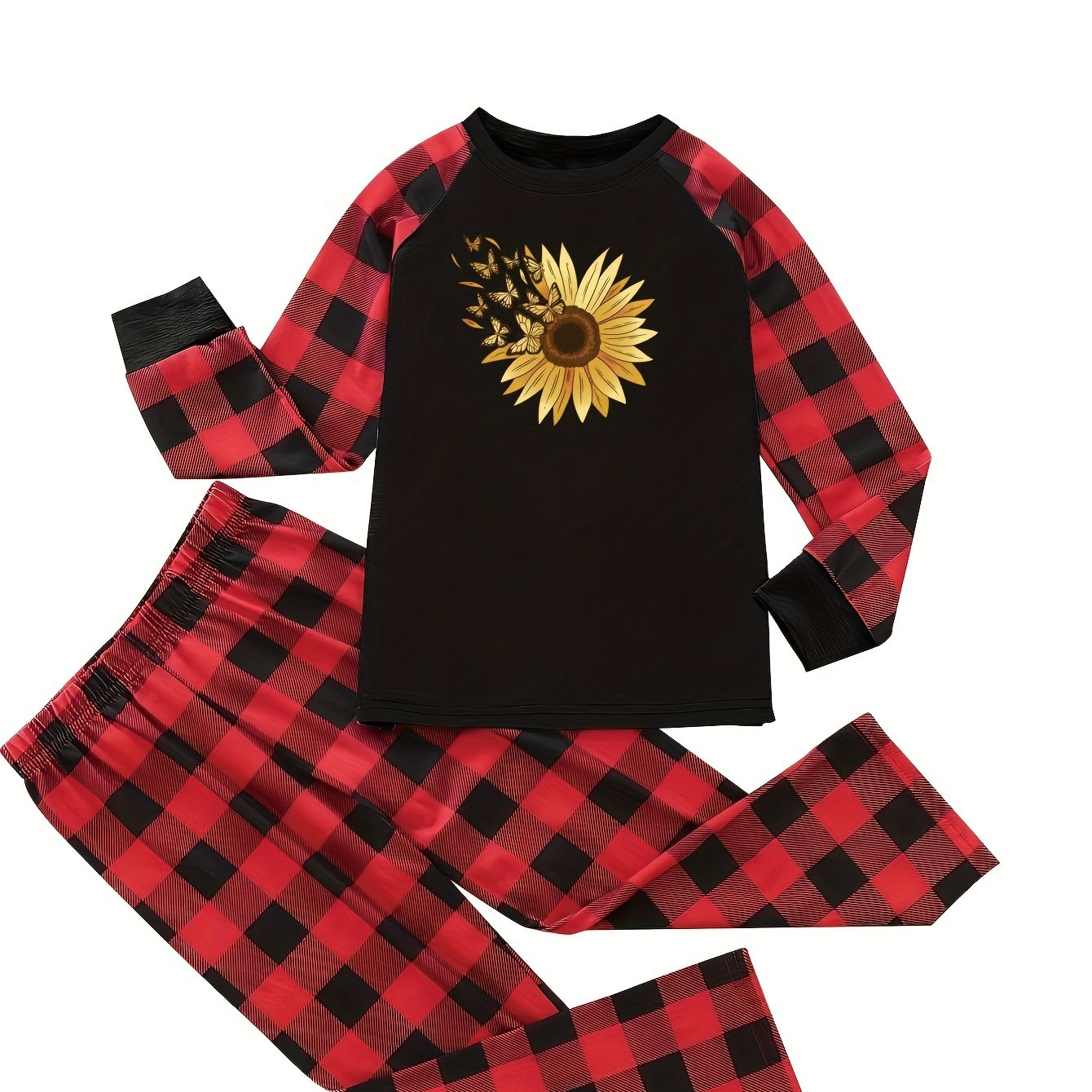 Sunflower & Butterfly Pajama Set Raglan Sleeve Crew Neck Top & P
