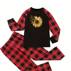 Sunflower & Butterfly Pajama Set Raglan Sleeve Crew Neck Top & P