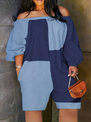 Colorblock Off Shoulder Lantern Sleeve Romper