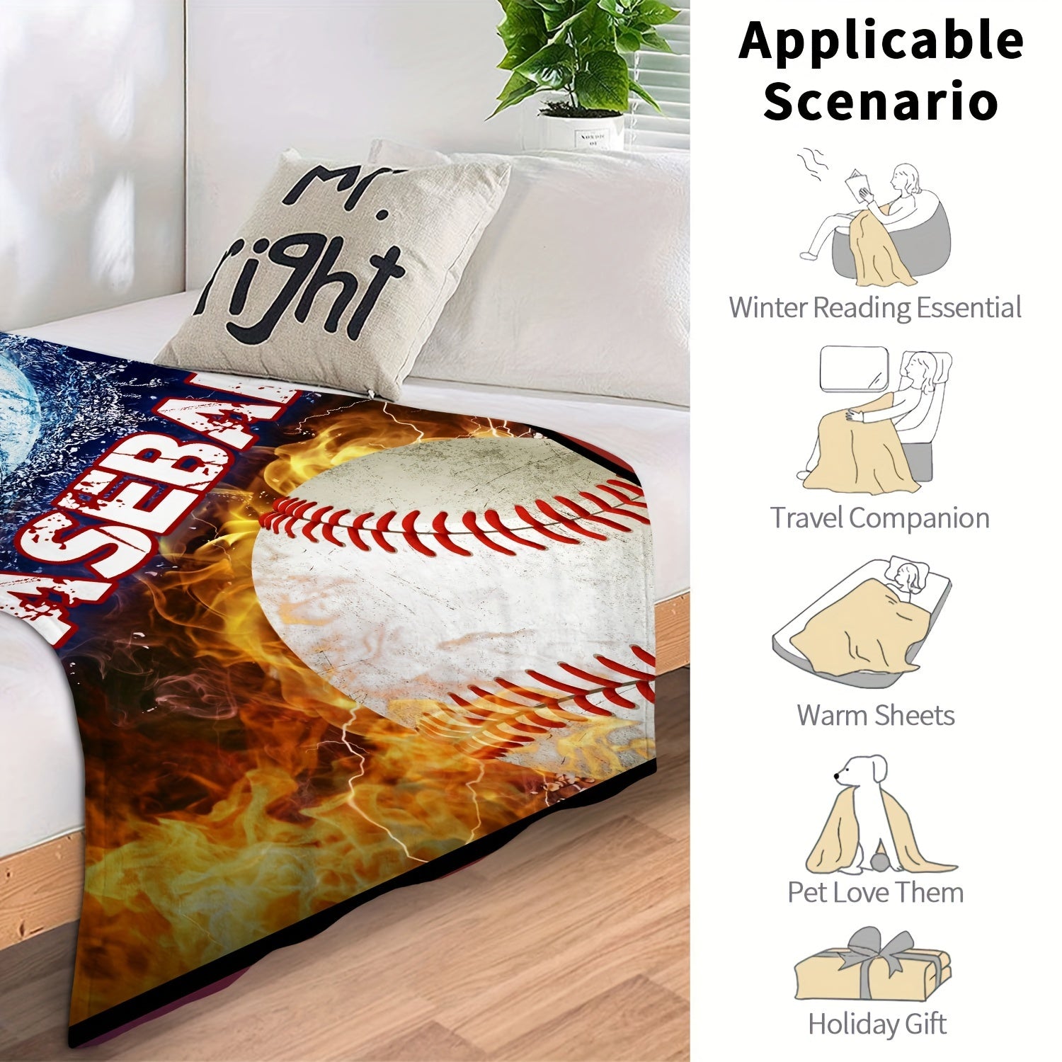 Baseball Pattern Throw Blanket Soft Fluffy Blanket for Couch Bed Home Decor