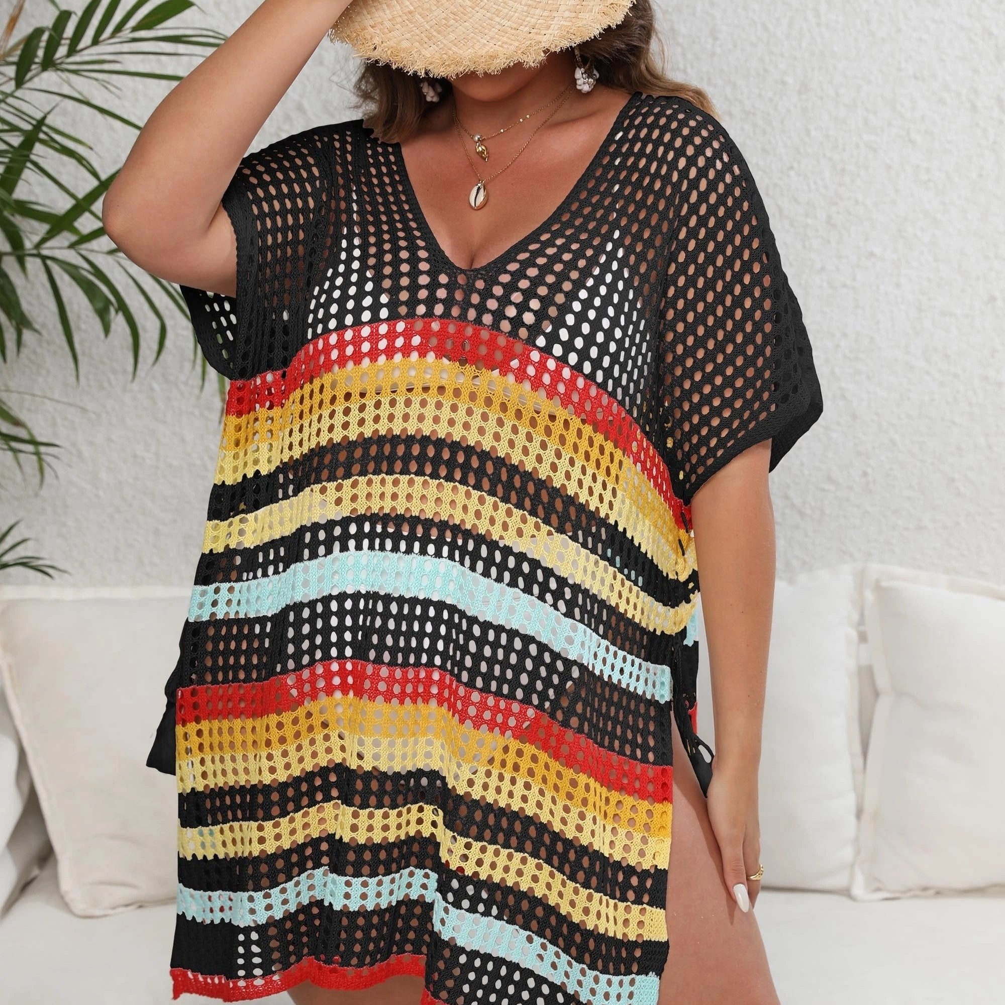 Striped Batwing Sleeve V Neck Beach Cover Up